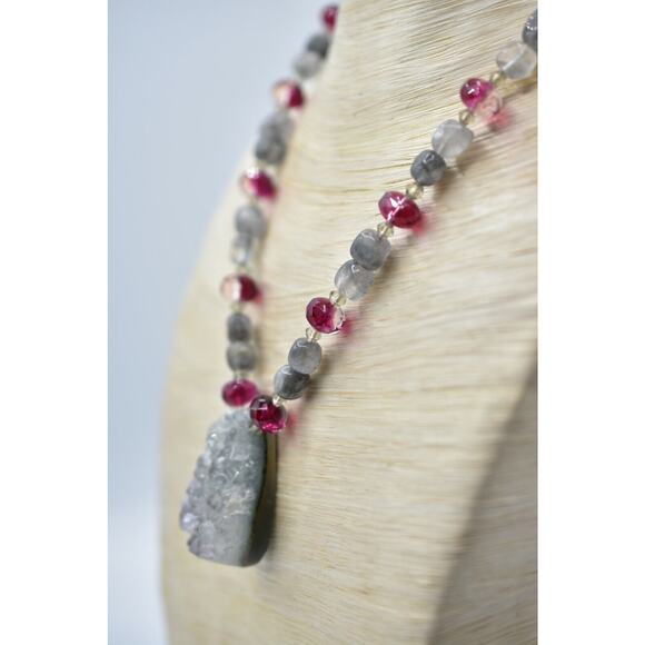 Geode Pendant Necklace Natural Cracked  Statement Red Crystal Beaded BinA - Picture 9 of 12